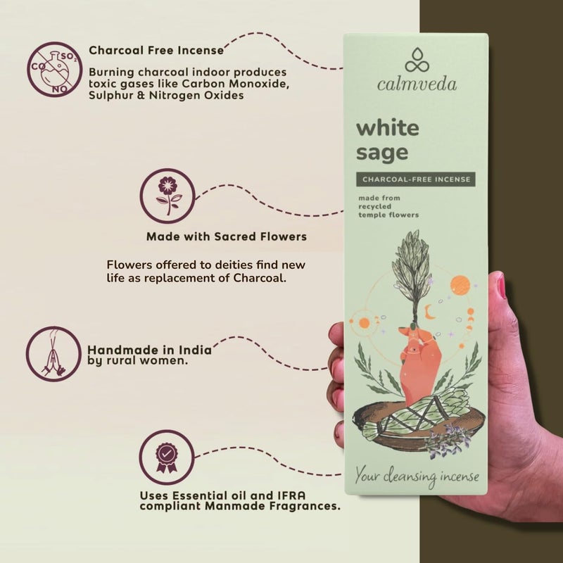 Calmveda White Sage Incense Sticks for Cleansing - (80 Scented Sticks) Charcoal Free, Made from Upcycled Flowers | Protection Incense to Cleanse Negative Energy - Image 2