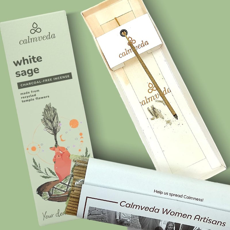 Calmveda White Sage Incense Sticks for Cleansing - (80 Scented Sticks) Charcoal Free, Made from Upcycled Flowers | Protection Incense to Cleanse Negative Energy - Image 4