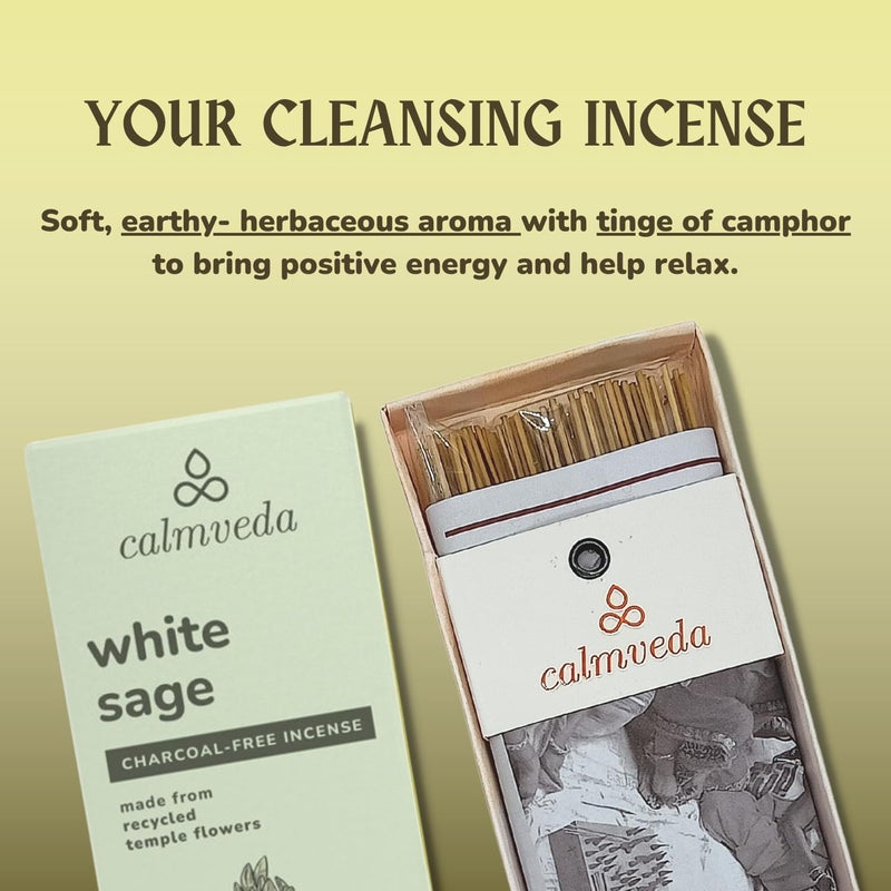 Calmveda White Sage Incense Sticks for Cleansing - (80 Scented Sticks) Charcoal Free, Made from Upcycled Flowers | Protection Incense to Cleanse Negative Energy - Image 3