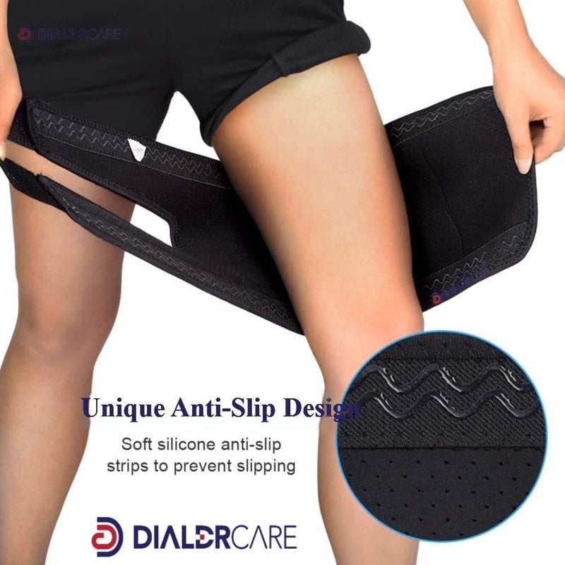 DIALDRCARE دعامة دعم قابلة للتعديل للفخذ من النيوبرين، ضمادة ضغط، سليف للفخذ، للألم في أوتار الركبة، وعلاج الإصابات الرياضية، دعامة كرة السلة للرجال والنساء (2) صغيرة - Image 4
