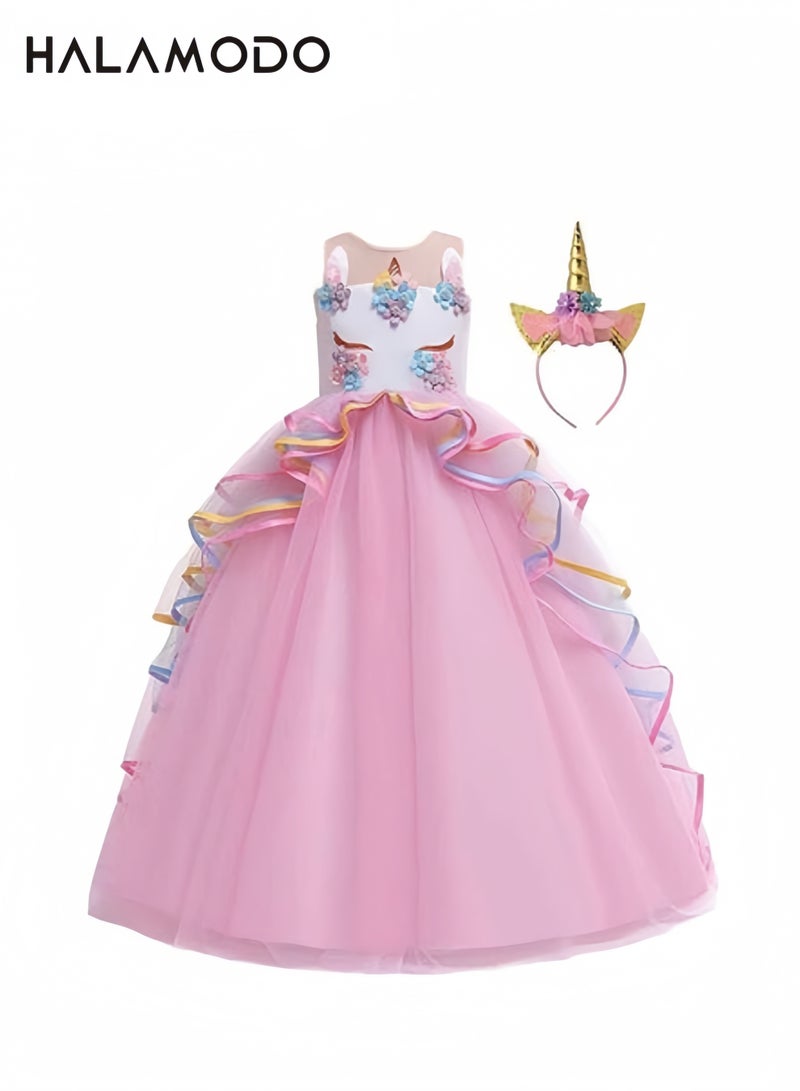 Princess Unicorn Fancy Dress for Girls Sleeveless Tulle Gown with Pastel Unicorn Headband Costume for Birthday Party Halloween Christmas Pageant - Image 1