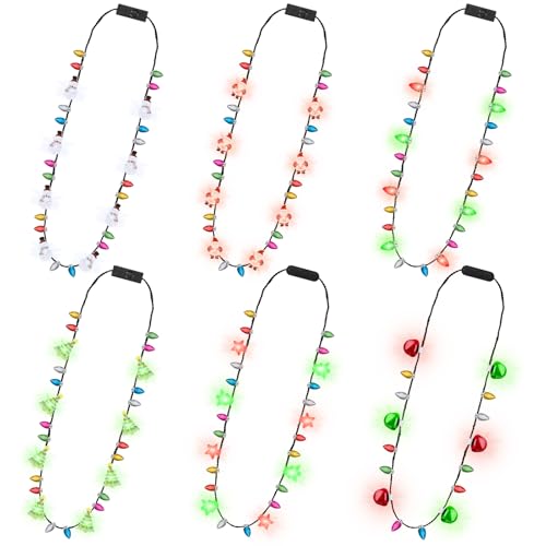 Traplace 6 PCS Christmas Light Necklace 6 Styles Colorful LED Christmas Lights 8 Bulbs Light Up Christmas Necklace with 3 Flash Modes Ugly Sweater Lights for Xmas New Year Party Favor Supplies Accessories - Image 1