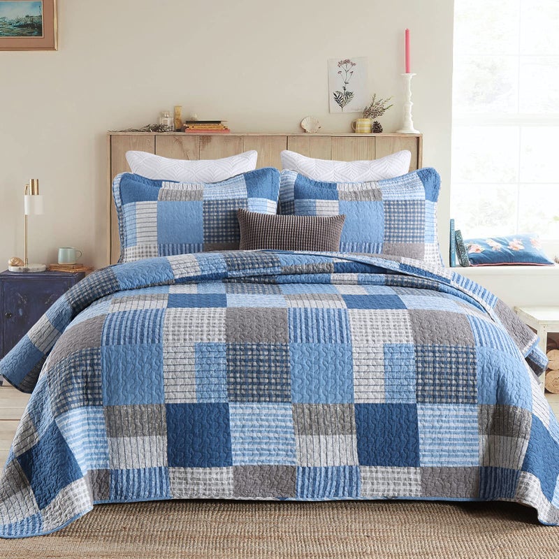 PANGUSHAN Quilts Set Queen Size100 Cotton Patchwork Plaid Quilt Bedding SetBlueNavy Blue Reversible BedspreadsFarmhouse Lightweight Comforter Set Bed Spread for All Season3 Pieces