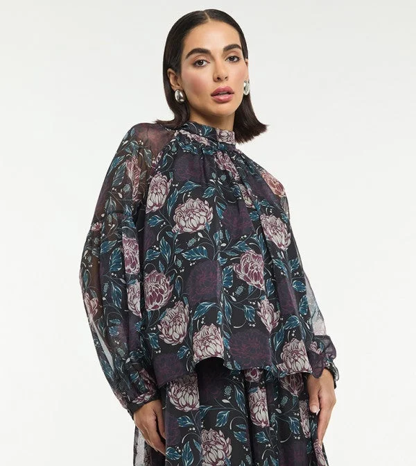 بي سي بي جي BCBG PRINTED BOW NECK SILK BLEND BLOUSE
