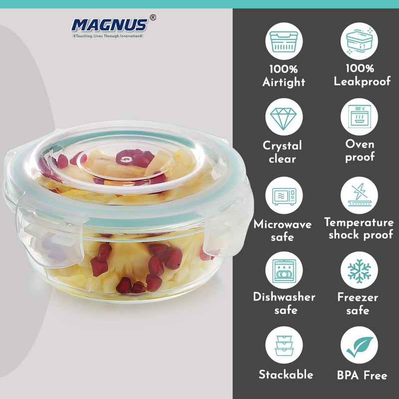 Magnus Magnus Vivid Glass Food Round Container with Break-Free Fixed Lock Lid – Borosilicate Glass Lunch Box, Oven & Microwave Safe, 400ML - Kitchen Essentials, Lunch Boxes for Office Men - Image 5