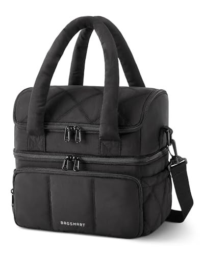 BAGSMART Lunch Bag Women Double Deck Insulated Lunch Box Quilted Puffer Lunch Tote Leakproof Durable  Reusable Large Lunch Cooler For Work Picnic Travel Meal Prep Black