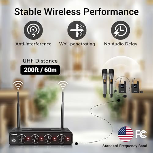 TONOR Wireless Microphone System, 4 * 10-Channel UHF Cordless Handheld Mic Set with Headset/Lavalier Lapel Mics, Bodypack Transmitter, Receiver, 60 m/200ft Range for Karaoke Singing Church PA Speaker - Image 3