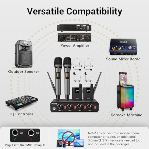 TONOR Wireless Microphone System, 4 * 10-Channel UHF Cordless Handheld Mic Set with Headset/Lavalier Lapel Mics, Bodypack Transmitter, Receiver, 60 m/200ft Range for Karaoke Singing Church PA Speaker - Image 4