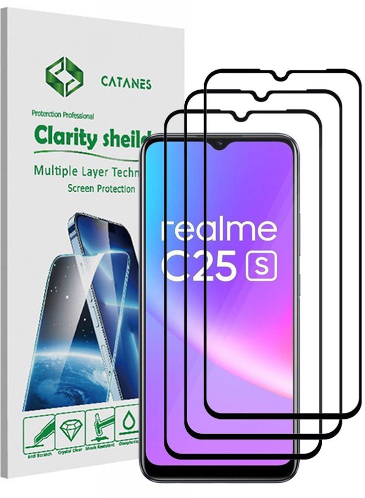 CATANES 3 Pack For Realme C25s Screen Protector Tempered Glass Full Glue Back - Image 1