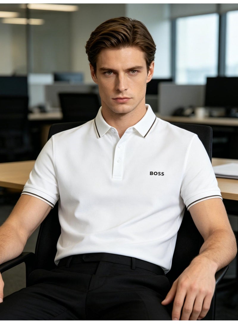 BOSS Men Short Sleeve Tipped Collar Polo Shirt Slim Fit Business Office Daily Casual Summer Wear White - Image 2