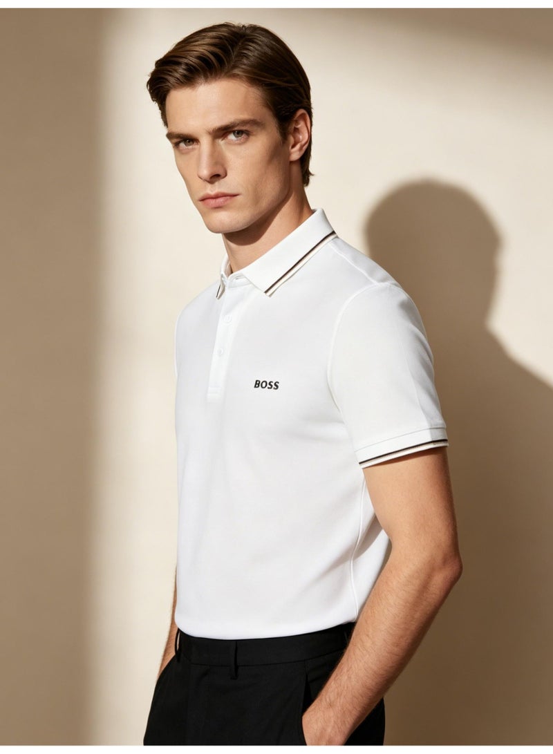 BOSS Men Short Sleeve Tipped Collar Polo Shirt Slim Fit Business Office Daily Casual Summer Wear White - Image 3