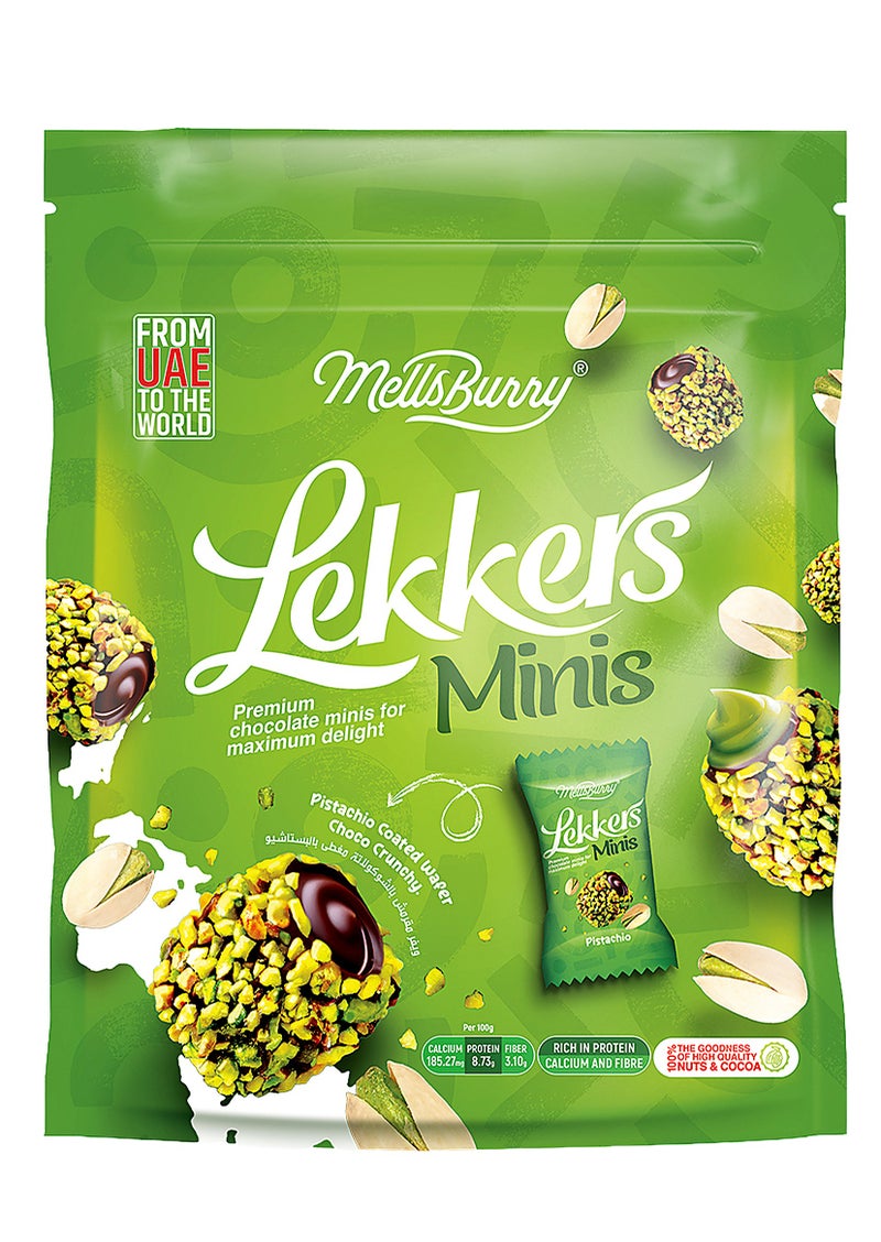 MELLSBURRY Lekkers Minis Pistachio Chocolate Bites – Premium Pistachio Coated Milk Chocolate with Creamy Filling – Individually Wrapped Mini Chocolates – Resealable Pouch 150g - Image 1