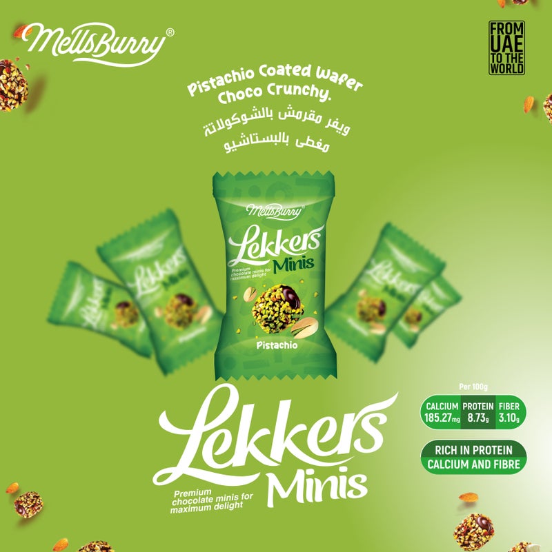 MELLSBURRY Lekkers Minis Pistachio Chocolate Bites – Premium Pistachio Coated Milk Chocolate with Creamy Filling – Individually Wrapped Mini Chocolates – Resealable Pouch 150g - Image 2