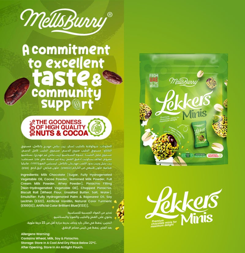 MELLSBURRY Lekkers Minis Pistachio Chocolate Bites – Premium Pistachio Coated Milk Chocolate with Creamy Filling – Individually Wrapped Mini Chocolates – Resealable Pouch 150g - Image 3