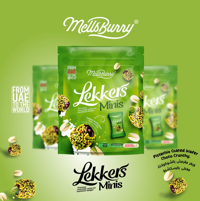 MELLSBURRY Lekkers Minis Pistachio Chocolate Bites – Premium Pistachio Coated Milk Chocolate with Creamy Filling – Individually Wrapped Mini Chocolates – Resealable Pouch 150g - Image 5