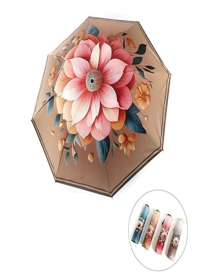 NGEL Flower Print Folding Umbrella || Designer Fancy Umbrella For Rain And Uv Protection || Windproof And Waterproof Umbrella For Men And Women (Brown - Pink) - Image 2