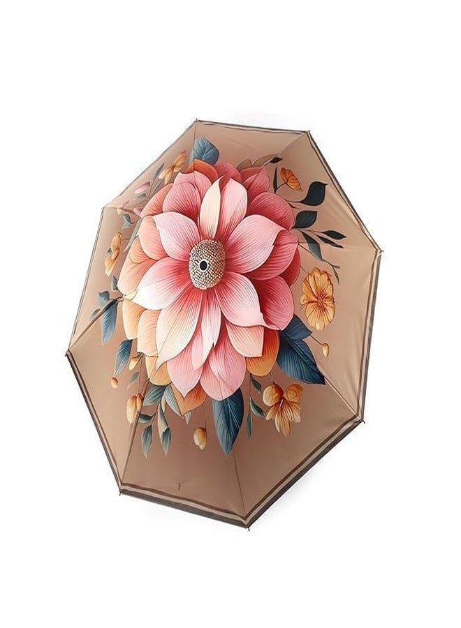 NGEL Flower Print Folding Umbrella || Designer Fancy Umbrella For Rain And Uv Protection || Windproof And Waterproof Umbrella For Men And Women (Brown - Pink) - Image 1