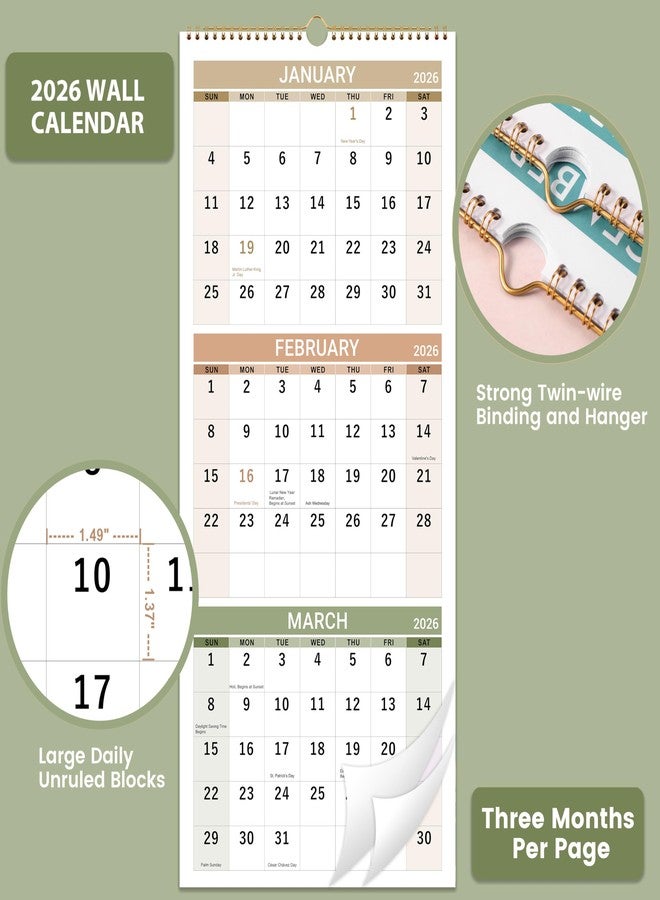 Vindora 2026 Wall Calendar - 3 Month Calendar 2026 Vertical, Jan 2026 - Dec 2026, 2026 Calendar Planner 2026, 11" x 26", Large, Lay- Flat, Perfect for Your Busy Schedule - Image 3