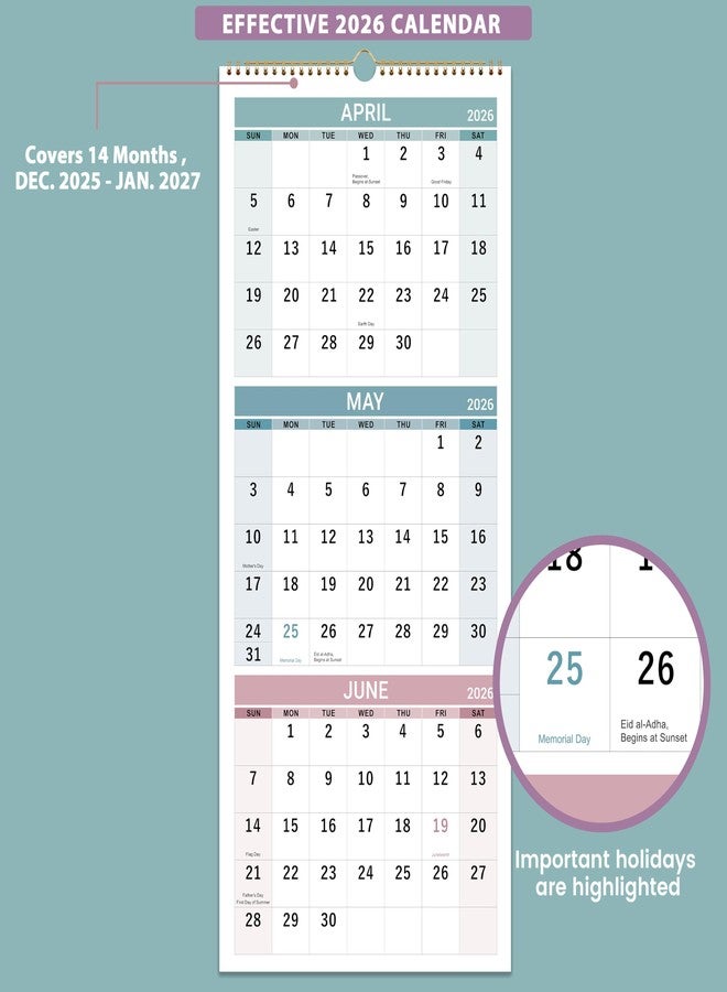Vindora 2026 Wall Calendar - 3 Month Calendar 2026 Vertical, Jan 2026 - Dec 2026, 2026 Calendar Planner 2026, 11" x 26", Large, Lay- Flat, Perfect for Your Busy Schedule - Image 4