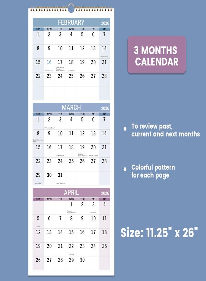 Vindora 2026 Wall Calendar - 3 Month Calendar 2026 Vertical, Jan 2026 - Dec 2026, 2026 Calendar Planner 2026, 11" x 26", Large, Lay- Flat, Perfect for Your Busy Schedule - Image 2