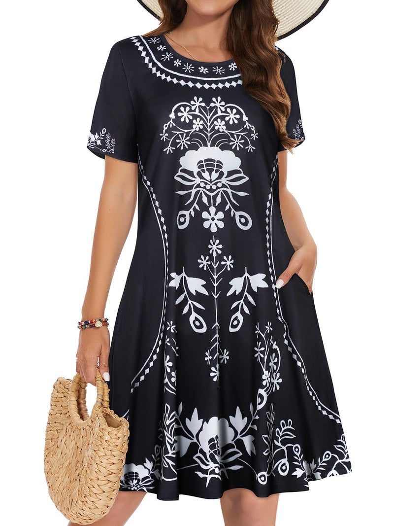 elescat Summer Dresses for Women Casual Short Sleeve Loose Beach Cover Up Scoop Neck Floral Sundress with Pockets(Black White Flower, L) - Image 1