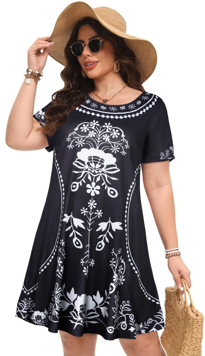 elescat Summer Dresses for Women Casual Short Sleeve Loose Beach Cover Up Scoop Neck Floral Sundress with Pockets(Black White Flower, L) - Image 2