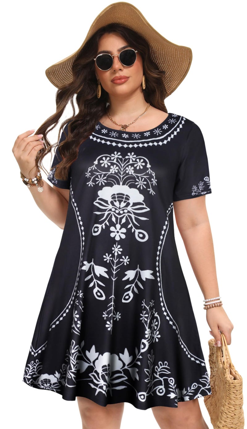 elescat Summer Dresses for Women Casual Short Sleeve Loose Beach Cover Up Scoop Neck Floral Sundress with Pockets(Black White Flower, L) - Image 3