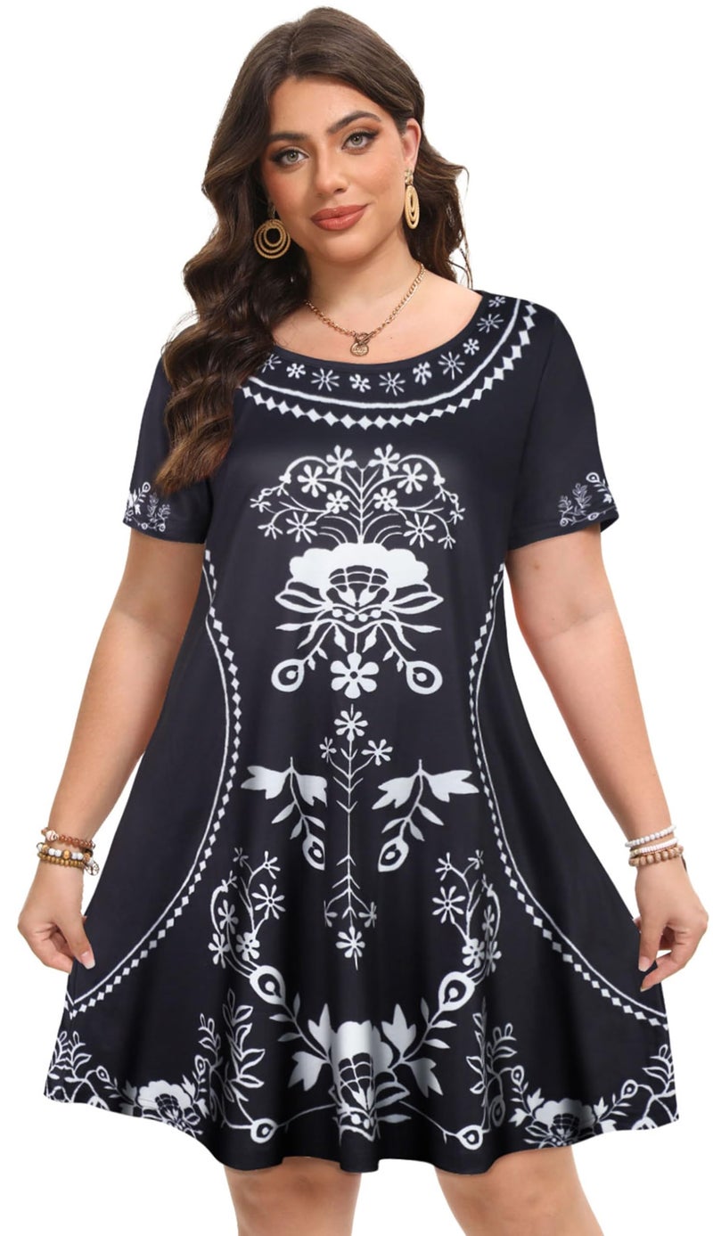 elescat Summer Dresses for Women Casual Short Sleeve Loose Beach Cover Up Scoop Neck Floral Sundress with Pockets(Black White Flower, L) - Image 4