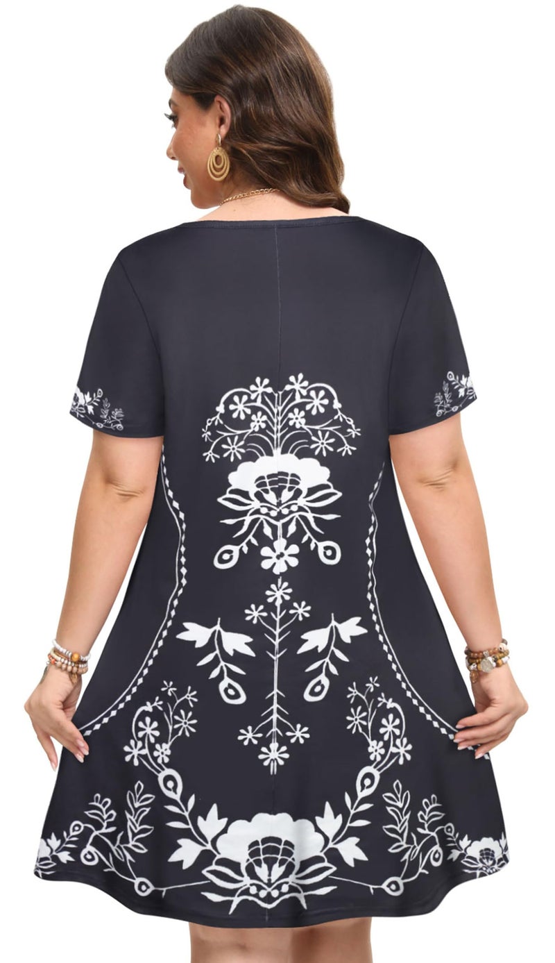 elescat Summer Dresses for Women Casual Short Sleeve Loose Beach Cover Up Scoop Neck Floral Sundress with Pockets(Black White Flower, L) - Image 5