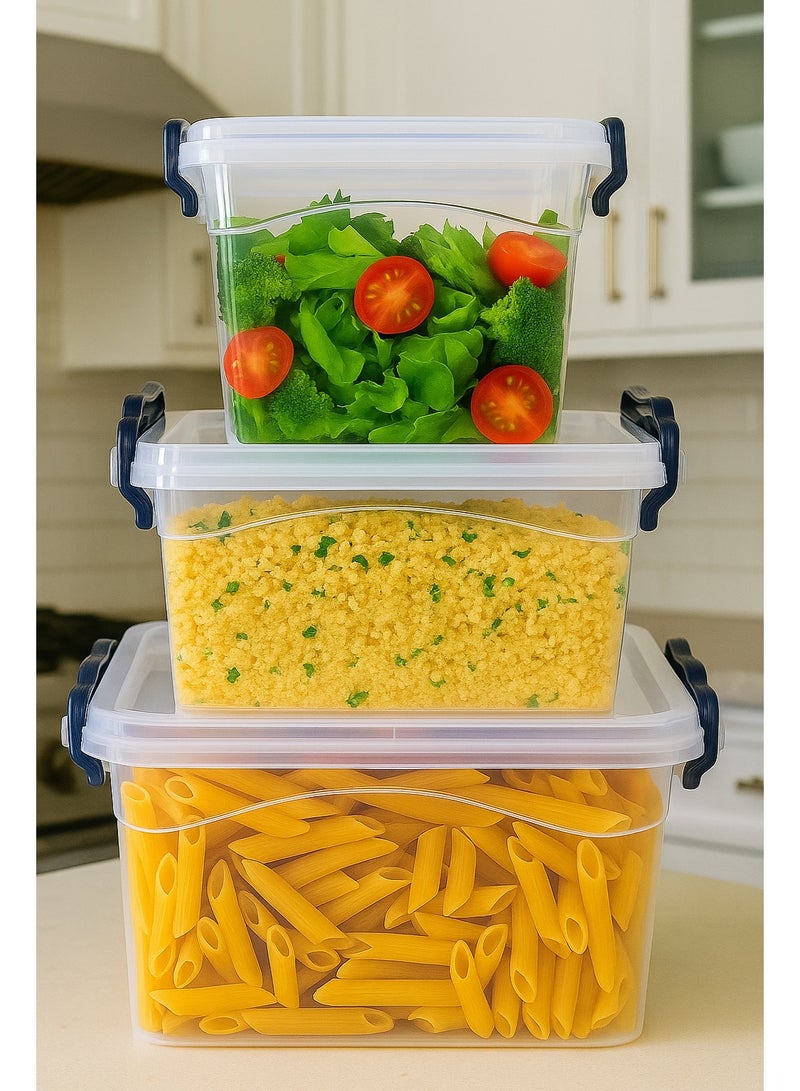 Airtight food storage container set with clip lids, 3 pieces, various sizes - Clear - Code 1592
