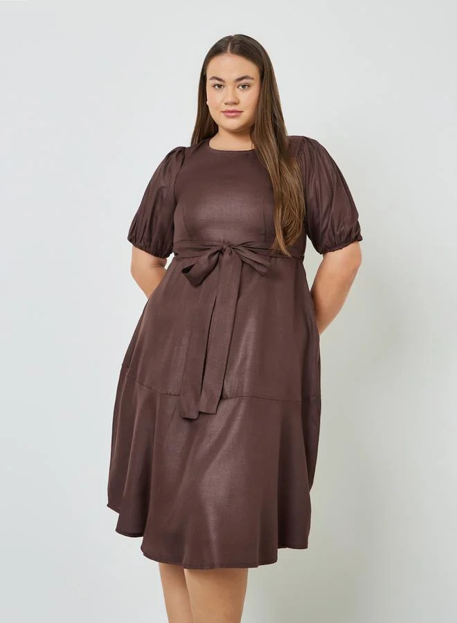 Styli Plus Size Solid Puff Sleeve Midi Dress with Tie Belt