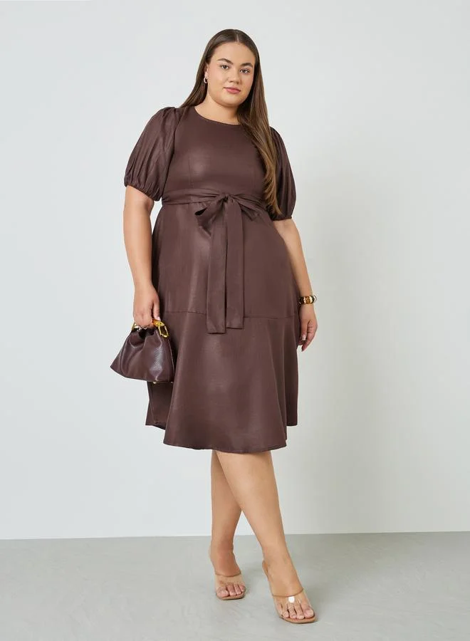 Styli Plus Size Solid Puff Sleeve Midi Dress with Tie Belt