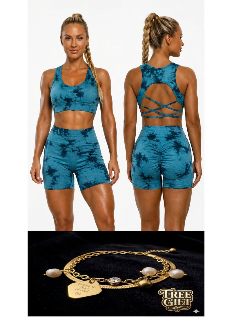 Free Gift Included Women's 2-Piece Tie-Dye Sports Bra and Shorts Set – High-Waist Scrunch - Image 1