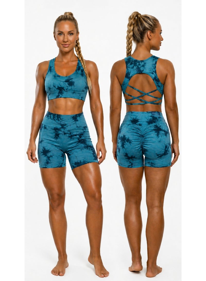 Free Gift Included Women's 2-Piece Tie-Dye Sports Bra and Shorts Set – High-Waist Scrunch - Image 2