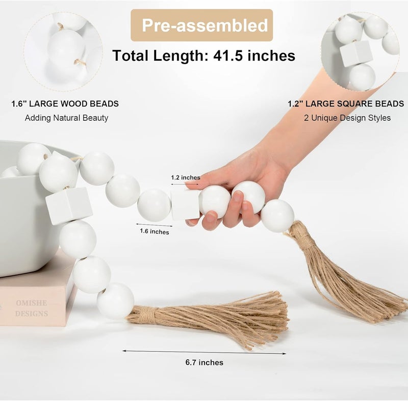 OMISHE White Large Wood Bead Garland with 1.6" Diameter Wooden Beads and Tassels, 41.5" Long Rustic Farmhouse Country Wood Beads Garland Decorative Beads for Home Decor Tiered Tray Decor Boho Decor - Image 3