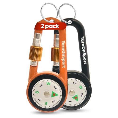 TurnOnSport 2 Pack Carabiner Clip On Compass Hiking - Compact Compass Keychain Backpacks | Small Pocket Magnetic Compass Keychain for Kids - Twist Lock | Keyring Keychains Outdoor Survival Camping - Image 1