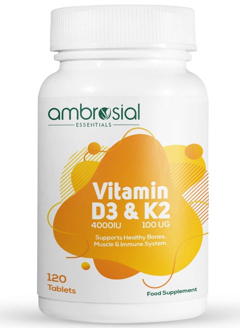 Ambrosial Vitamin D3 & K2 Tablets 4000IU Vitamin D3 + 100µg Vitamin K2 MK-7 for Healthy Bones, Muscles, and to Support The Immune System - 120 Tablets