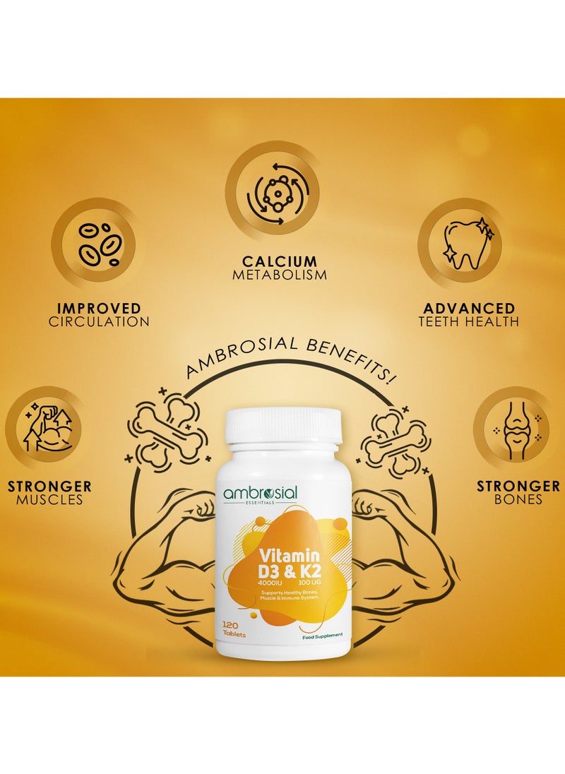 ambrosial - Ambrosial Vitamin D3 & K2 Tablets 4000IU Vitamin D3 + 100µg Vitamin K2 MK-7 for Healthy Bones, Muscles, and to Support The Immune System - 120 Tablets - Image 1