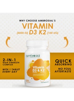 ambrosial Ambrosial Vitamin D3 & K2 Tablets 4000IU Vitamin D3 + 100µg Vitamin K2 MK-7 for Healthy Bones, Muscles, and to Support The Immune System - 120 Tablets  - Image 3