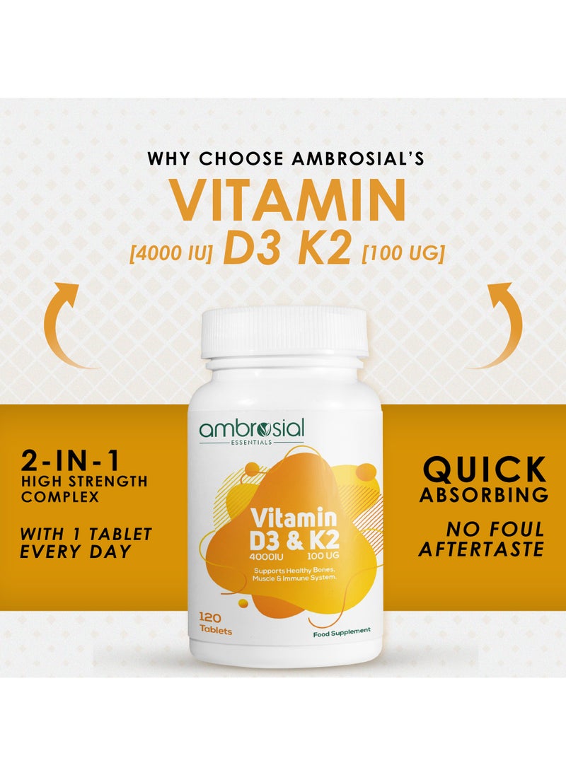 ambrosial - Ambrosial Vitamin D3 & K2 Tablets 4000IU Vitamin D3 + 100µg Vitamin K2 MK-7 for Healthy Bones, Muscles, and to Support The Immune System - 120 Tablets - Image 1