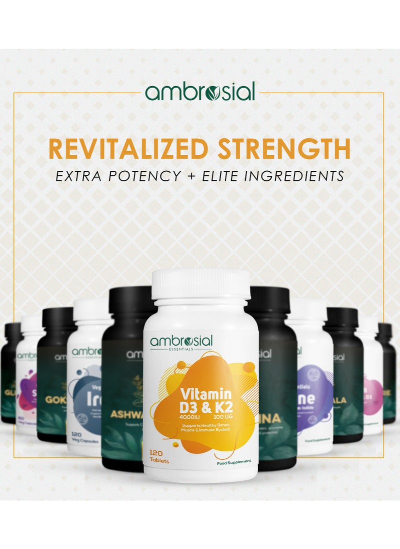 ambrosial - Ambrosial Vitamin D3 & K2 Tablets 4000IU Vitamin D3 + 100µg Vitamin K2 MK-7 for Healthy Bones, Muscles, and to Support The Immune System - 120 Tablets - Image 1
