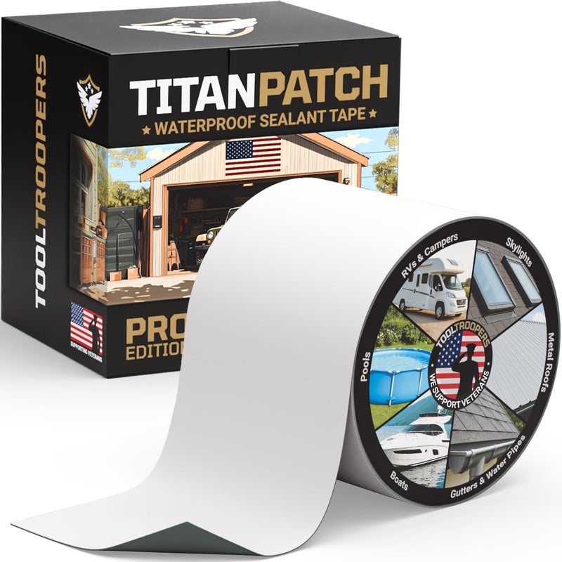 TOOLTROOPERS TITANPATCH PRO Waterproof Sealant Tape â€“ White 4" x20' â€“ Stops Leaks Fast & Stays Sealed for 15+ Years â€“ Sticks to RVs, Roofs, Pools, Boats, Gutters â€“ Built for Harsh Weather (-40Â°F to 190Â°F) - Image 1