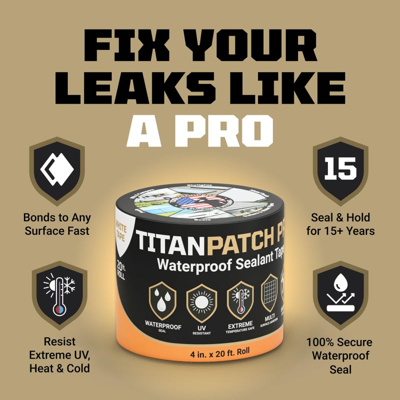 TOOLTROOPERS TITANPATCH PRO Waterproof Sealant Tape â€“ White 4" x20' â€“ Stops Leaks Fast & Stays Sealed for 15+ Years â€“ Sticks to RVs, Roofs, Pools, Boats, Gutters â€“ Built for Harsh Weather (-40Â°F to 190Â°F) - Image 2