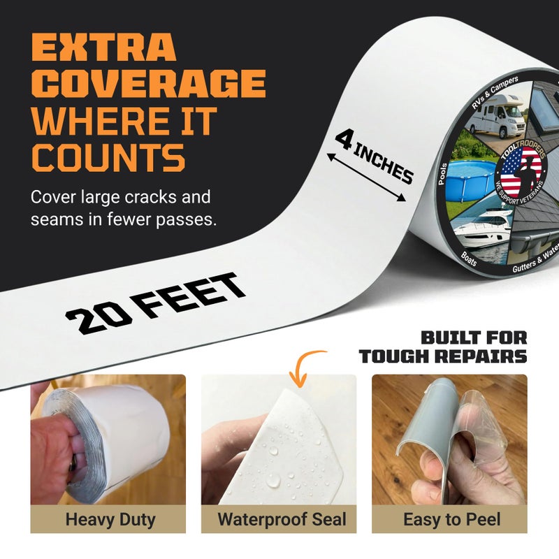 TOOLTROOPERS TITANPATCH PRO Waterproof Sealant Tape â€“ White 4" x20' â€“ Stops Leaks Fast & Stays Sealed for 15+ Years â€“ Sticks to RVs, Roofs, Pools, Boats, Gutters â€“ Built for Harsh Weather (-40Â°F to 190Â°F) - Image 3