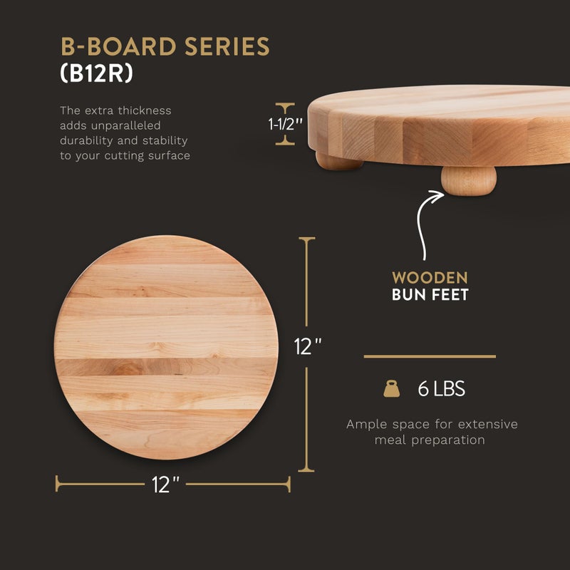 John Boos Boos Block B Series Round Wood Cutting Board with Feet, 1.5-Inch Thickness, 12" x 12" x 1 1/2", Maple - Image 2