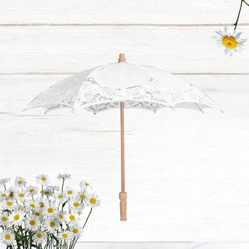 2pcs Wedding Bride Lace Umbrella White Handle Umbrella Beautiful Photo Props Wedding Decorative Umbrella (White Length 26 Diameter 29cm) - Image 4