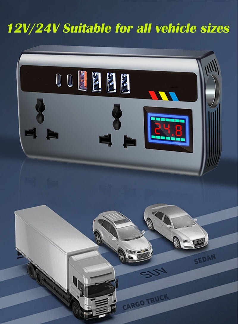 CubeG 200W Car Power Inverter, Car Electric Outlet Adapter, DC 12/24V to 220V AC , Car Plug Converter with 3 USB Ports and 2 Type-C Ports, Built-in Switch and LCD Current Display, Compatible with Cars and Trucks - Image 5
