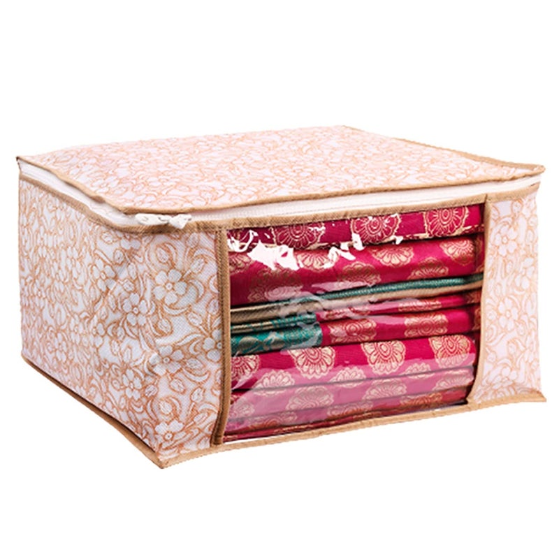 SPECULO SPECULO Saree Cover Non Woven Fabric Clothes Organiser for Wardrobe with Transparent Window Zip Clothes Storage Bag for Lehenga Suit Dress Saree Packing Covers Pack Of 18 Beige - Image 1