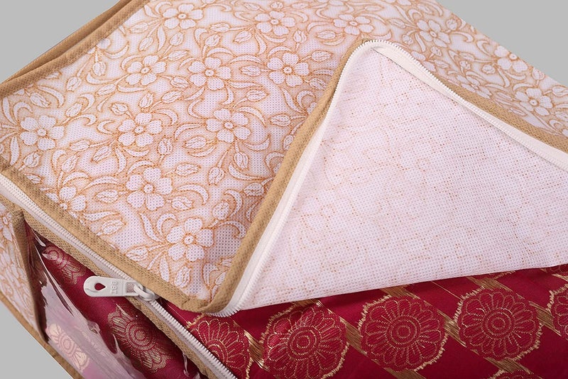 SPECULO SPECULO Saree Cover Non Woven Fabric Clothes Organiser for Wardrobe with Transparent Window Zip Clothes Storage Bag for Lehenga Suit Dress Saree Packing Covers Pack Of 18 Beige - Image 5