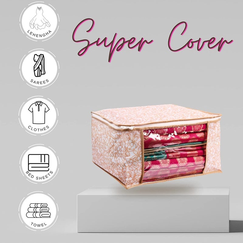 SPECULO SPECULO Saree Cover Non Woven Fabric Clothes Organiser for Wardrobe with Transparent Window Zip Clothes Storage Bag for Lehenga Suit Dress Saree Packing Covers Pack Of 18 Beige - Image 2